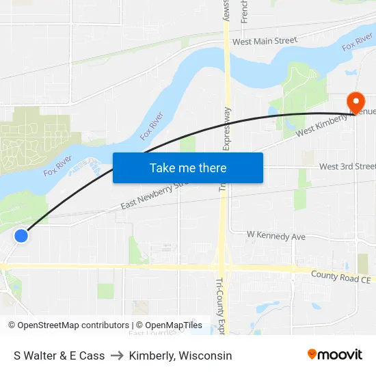 S Walter & E Cass to Kimberly, Wisconsin map