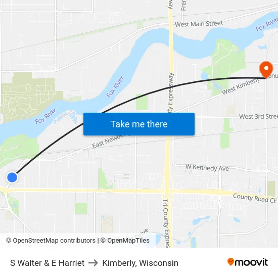 S Walter & E Harriet to Kimberly, Wisconsin map