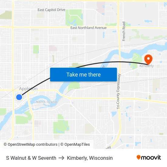 S Walnut & W Seventh to Kimberly, Wisconsin map