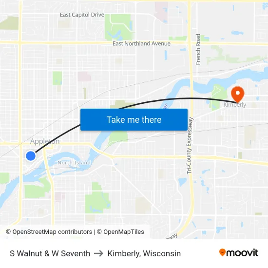 S Walnut & W Seventh to Kimberly, Wisconsin map