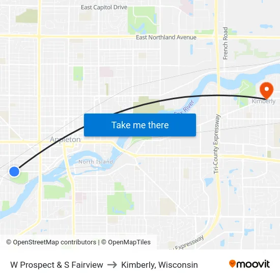W Prospect & S Fairview to Kimberly, Wisconsin map