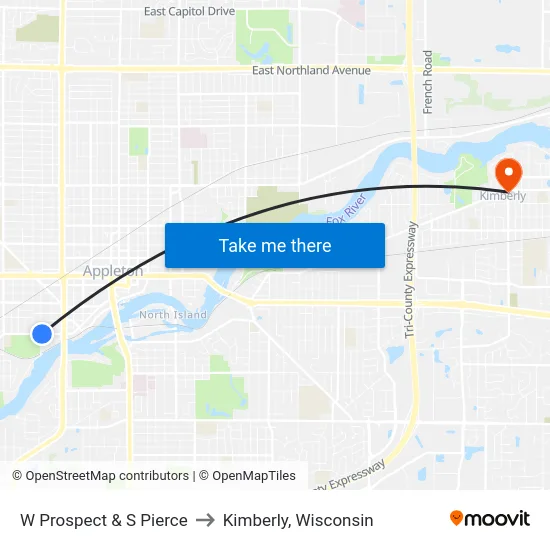 W Prospect & S Pierce to Kimberly, Wisconsin map