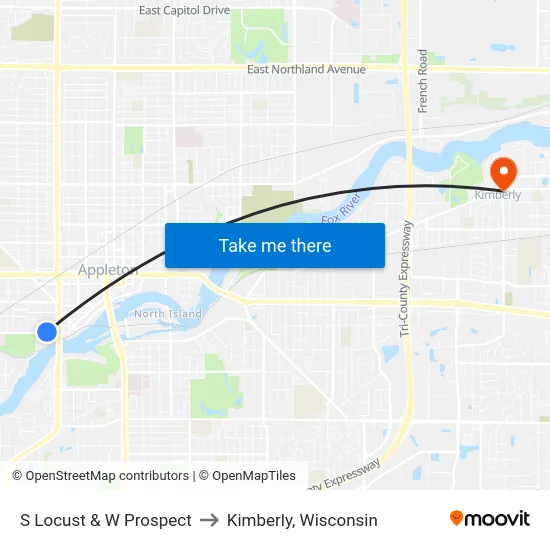 S Locust & W Prospect to Kimberly, Wisconsin map