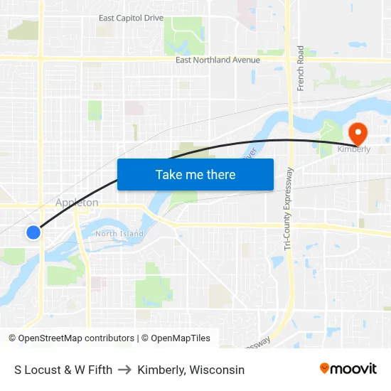 S Locust & W Fifth to Kimberly, Wisconsin map