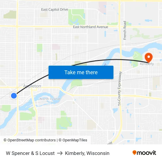 W Spencer & S Locust to Kimberly, Wisconsin map