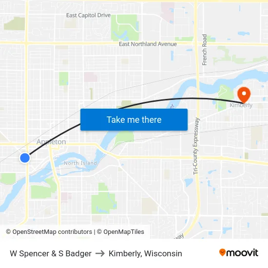 W Spencer & S Badger to Kimberly, Wisconsin map