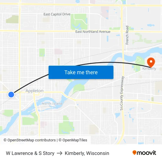 W Lawrence & S Story to Kimberly, Wisconsin map