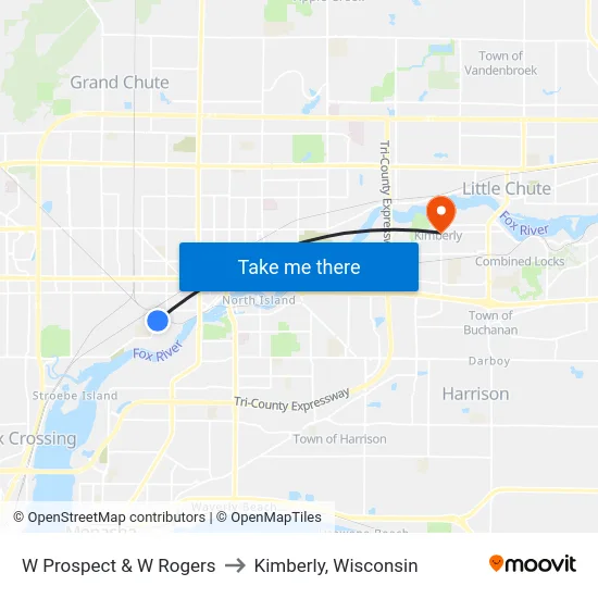 W Prospect & W Rogers to Kimberly, Wisconsin map