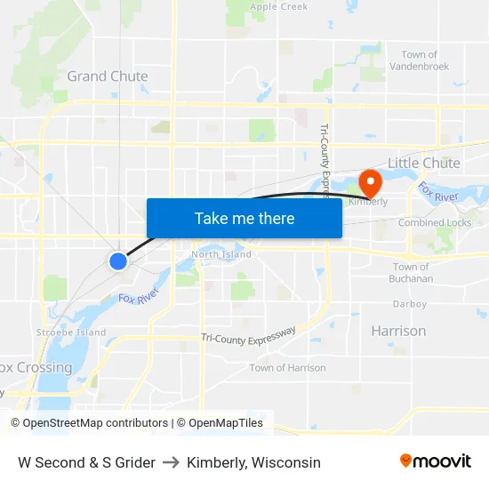 W Second & S Grider to Kimberly, Wisconsin map