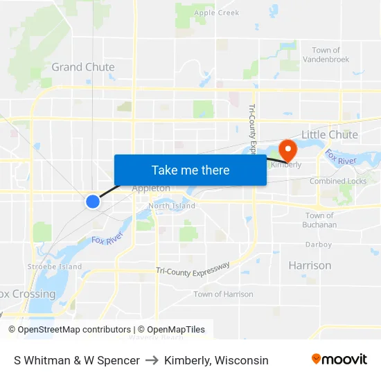 S Whitman & W Spencer to Kimberly, Wisconsin map