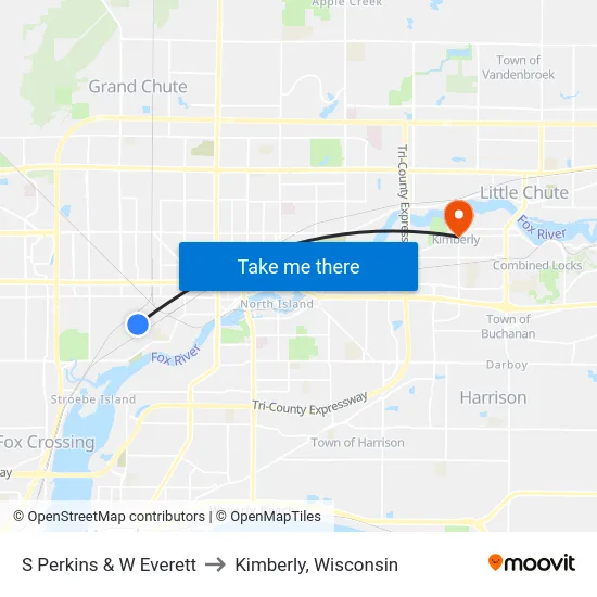 S Perkins & W Everett to Kimberly, Wisconsin map