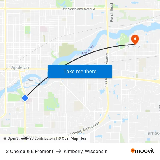 S Oneida & E Fremont to Kimberly, Wisconsin map
