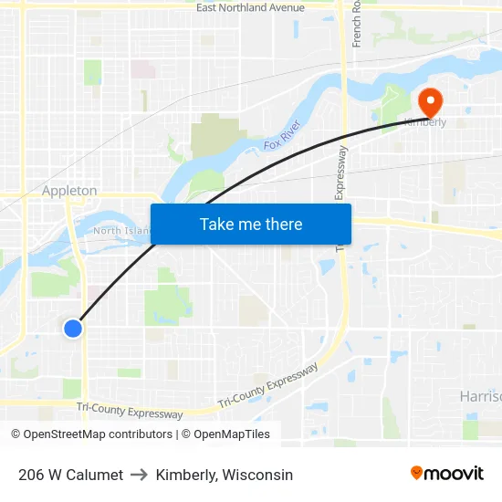 206 W Calumet to Kimberly, Wisconsin map