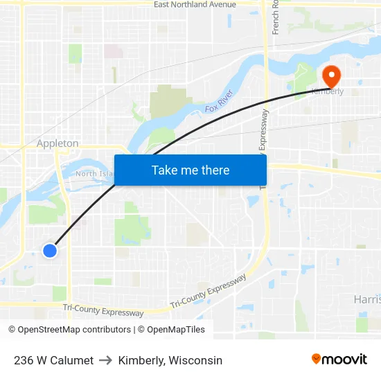 236 W Calumet to Kimberly, Wisconsin map