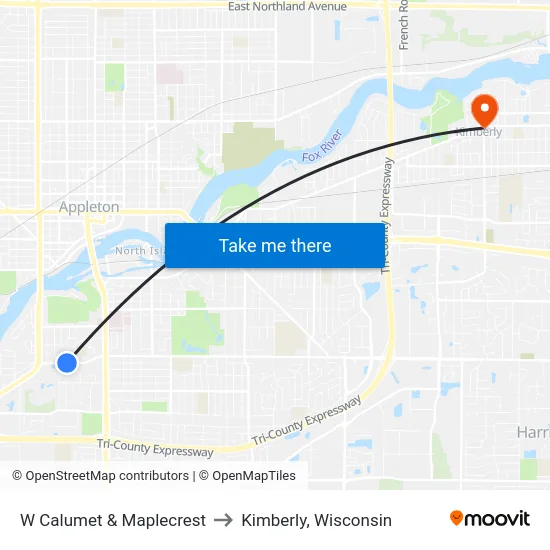 W Calumet & Maplecrest to Kimberly, Wisconsin map