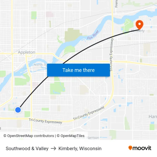 Southwood & Valley to Kimberly, Wisconsin map