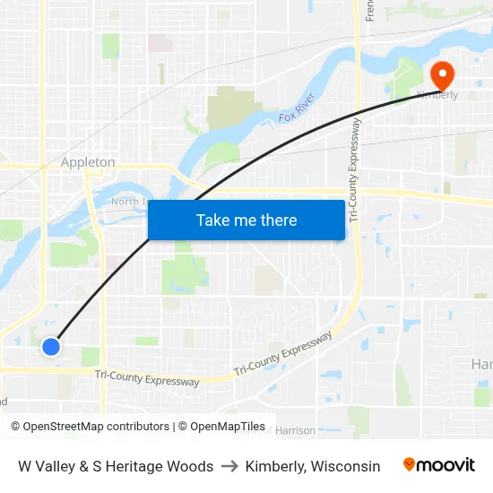 W Valley & S Heritage Woods to Kimberly, Wisconsin map