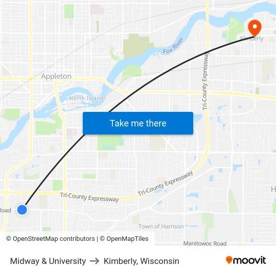 Midway & University to Kimberly, Wisconsin map
