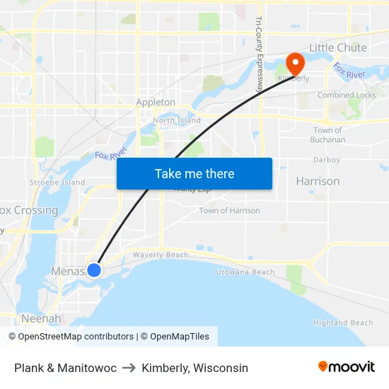 Plank & Manitowoc to Kimberly, Wisconsin map