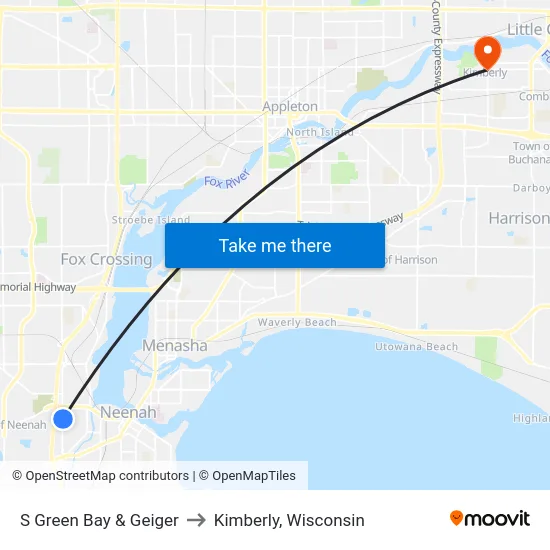 S Green Bay & Geiger to Kimberly, Wisconsin map