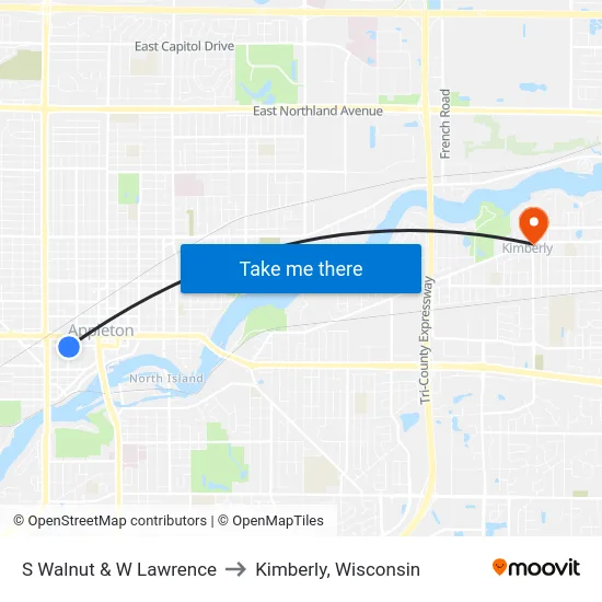 S Walnut & W Lawrence to Kimberly, Wisconsin map