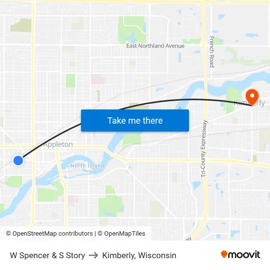 W Spencer & S Story to Kimberly, Wisconsin map
