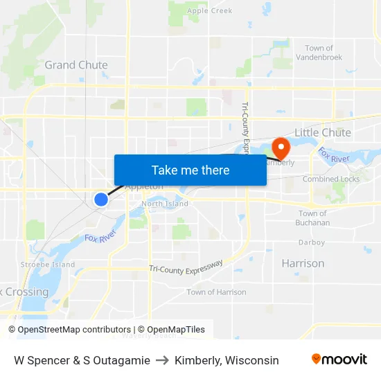 W Spencer & S Outagamie to Kimberly, Wisconsin map