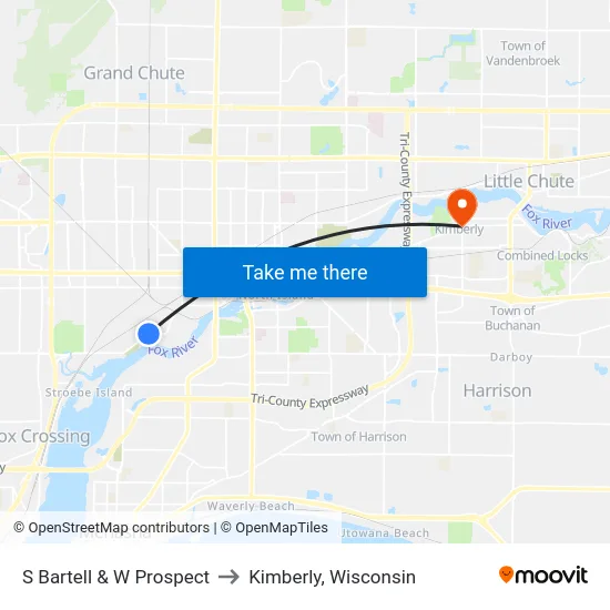 S Bartell & W Prospect to Kimberly, Wisconsin map