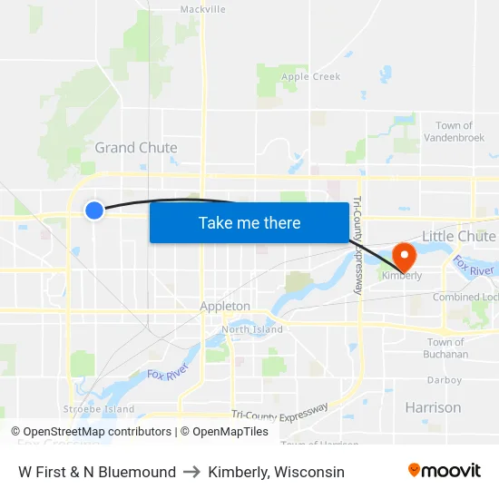 W First & N Bluemound to Kimberly, Wisconsin map