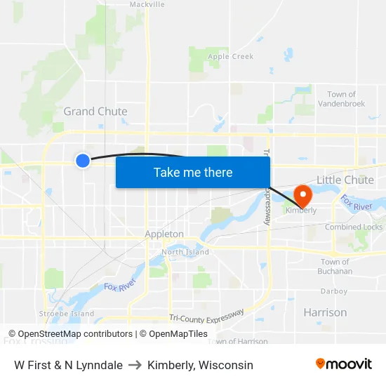 W First & N Lynndale to Kimberly, Wisconsin map