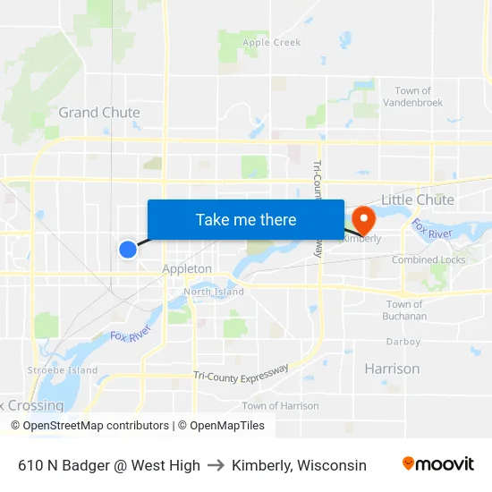 610 N Badger @ West High to Kimberly, Wisconsin map
