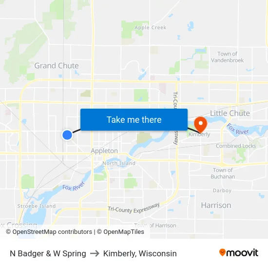 N Badger & W Spring to Kimberly, Wisconsin map