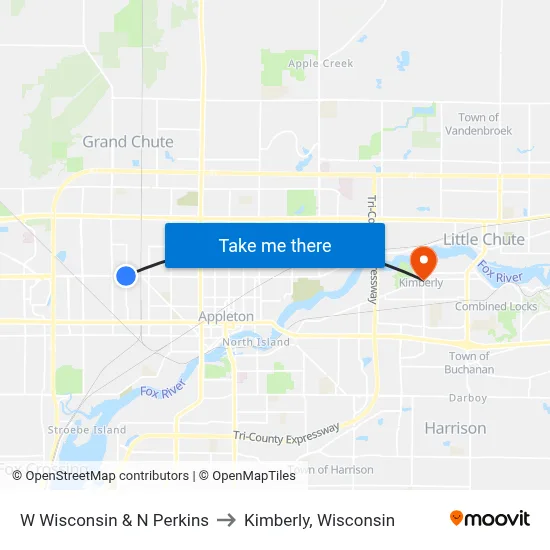 W Wisconsin & N Perkins to Kimberly, Wisconsin map