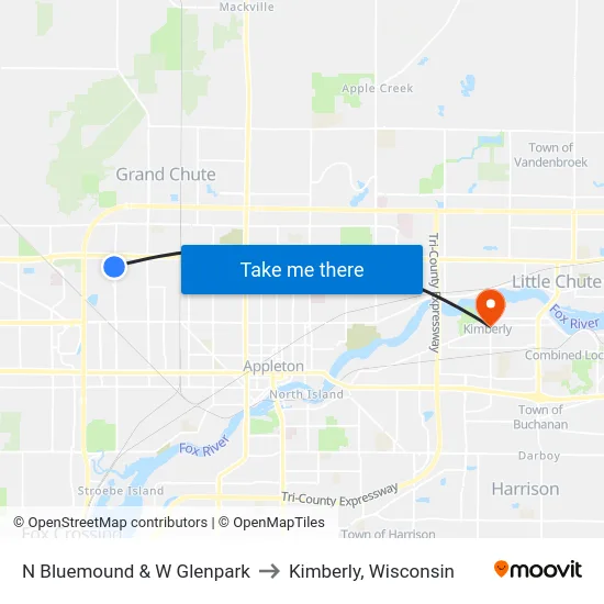 N Bluemound & W Glenpark to Kimberly, Wisconsin map