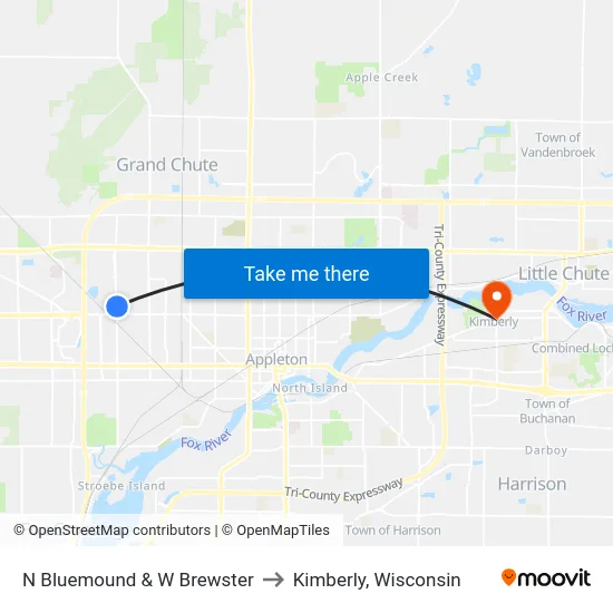N Bluemound & W Brewster to Kimberly, Wisconsin map