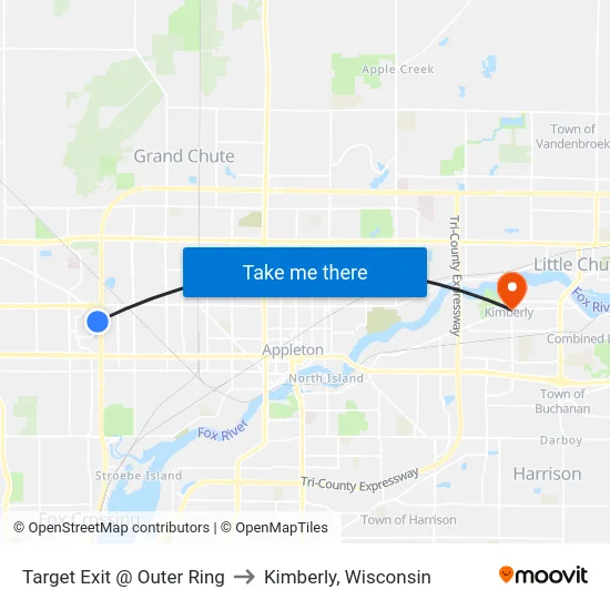 Target Exit @ Outer Ring to Kimberly, Wisconsin map