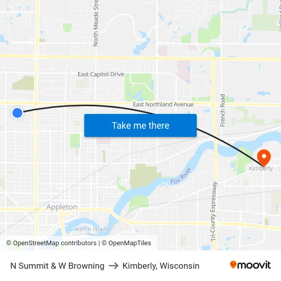 N Summit & W Browning to Kimberly, Wisconsin map