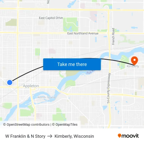 W Franklin & N Story to Kimberly, Wisconsin map