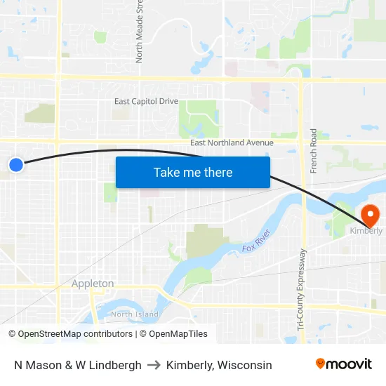 N Mason & W Lindbergh to Kimberly, Wisconsin map
