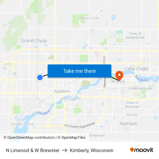 N Linwood & W Brewster to Kimberly, Wisconsin map