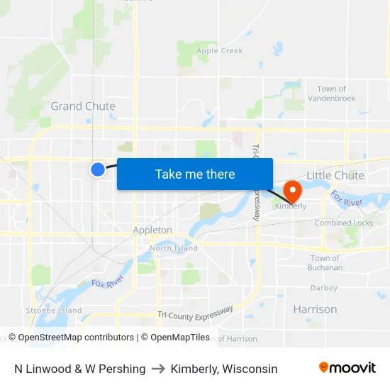 N Linwood & W Pershing to Kimberly, Wisconsin map