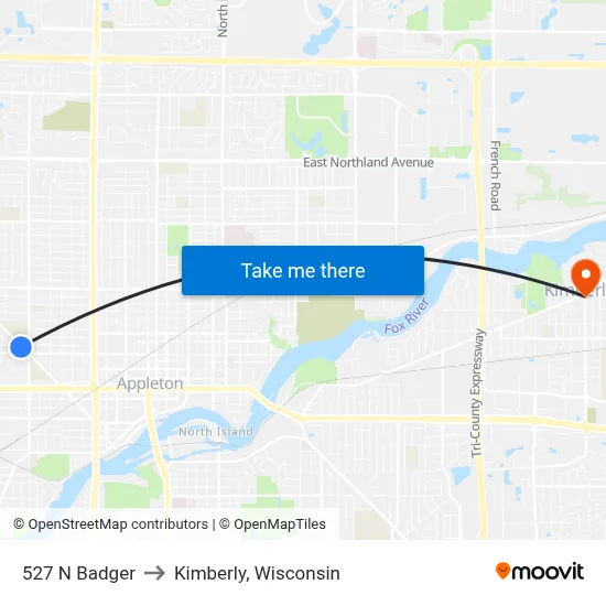 527 N Badger to Kimberly, Wisconsin map