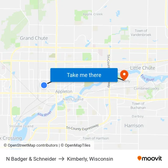 N Badger & Schneider to Kimberly, Wisconsin map
