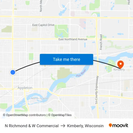 N Richmond & W Commercial to Kimberly, Wisconsin map