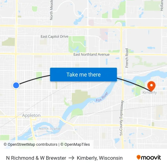 N Richmond & W Brewster to Kimberly, Wisconsin map