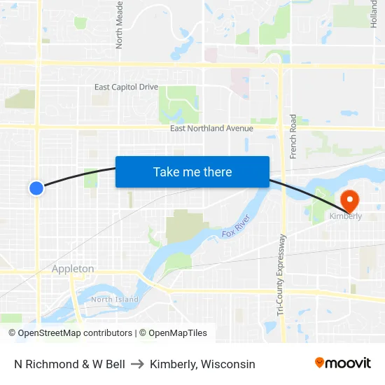 N Richmond & W Bell to Kimberly, Wisconsin map