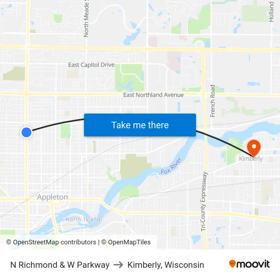 N Richmond & W Parkway to Kimberly, Wisconsin map