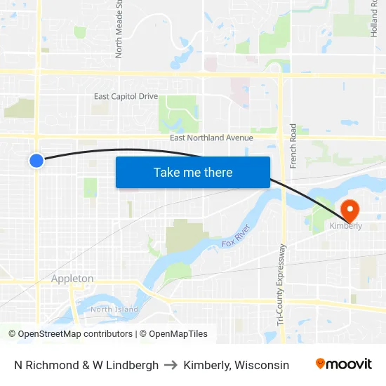 N Richmond & W Lindbergh to Kimberly, Wisconsin map