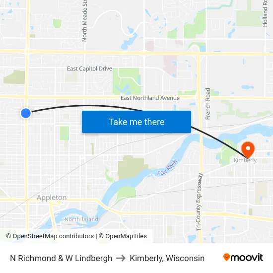 N Richmond & W Lindbergh to Kimberly, Wisconsin map