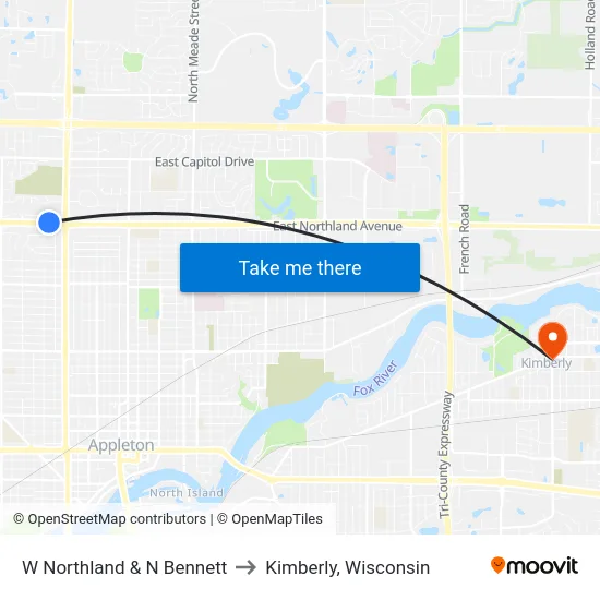 W Northland & N Bennett to Kimberly, Wisconsin map